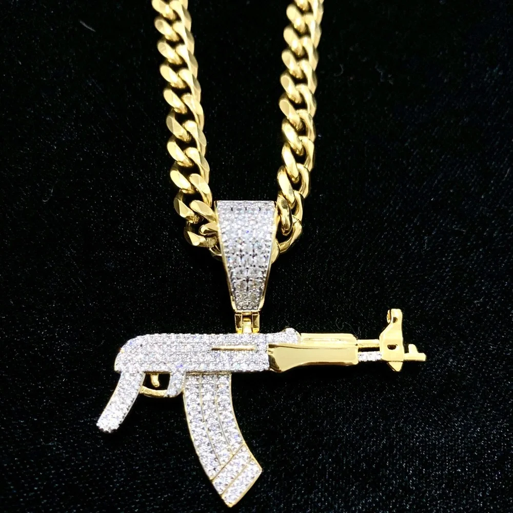NEW 18K GOLD CUBAN LINK CHAIN AK 47 CHARM LAB DIAMONDS ITALY *LIFETIME WARRANTY*